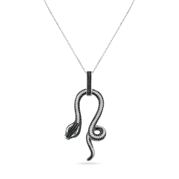 Rhodium Plated 925 Sterling Silver Snake Black and Clear CZ Stone Pendant Necklace - BGP00893 | Silver Palace Inc.