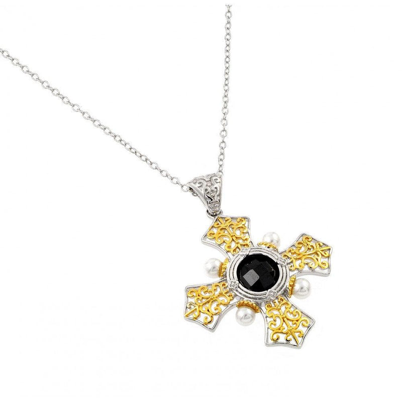 Silver 925 Rhodium and Gold Plated Box Cross with Black CZ Stone Pendant Necklace - BGP00897 | Silver Palace Inc.