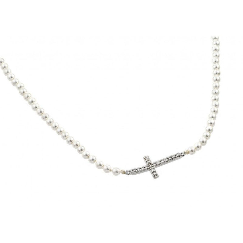 Silver 925 Rhodium Plated Clear CZ Horizontal Cross Pendant on Synthetic Pearl Necklace - BGP00900 | Silver Palace Inc.
