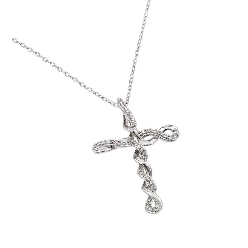 Silver 925 Rhodium Plated Clear CZ Tied Cross Pendant Necklace - BGP00907 | Silver Palace Inc.