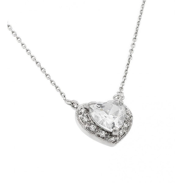 Rhodium Plated 925 Sterling Silver CZ Heart April Birthstone Necklace - BGP00911APR | Silver Palace Inc.