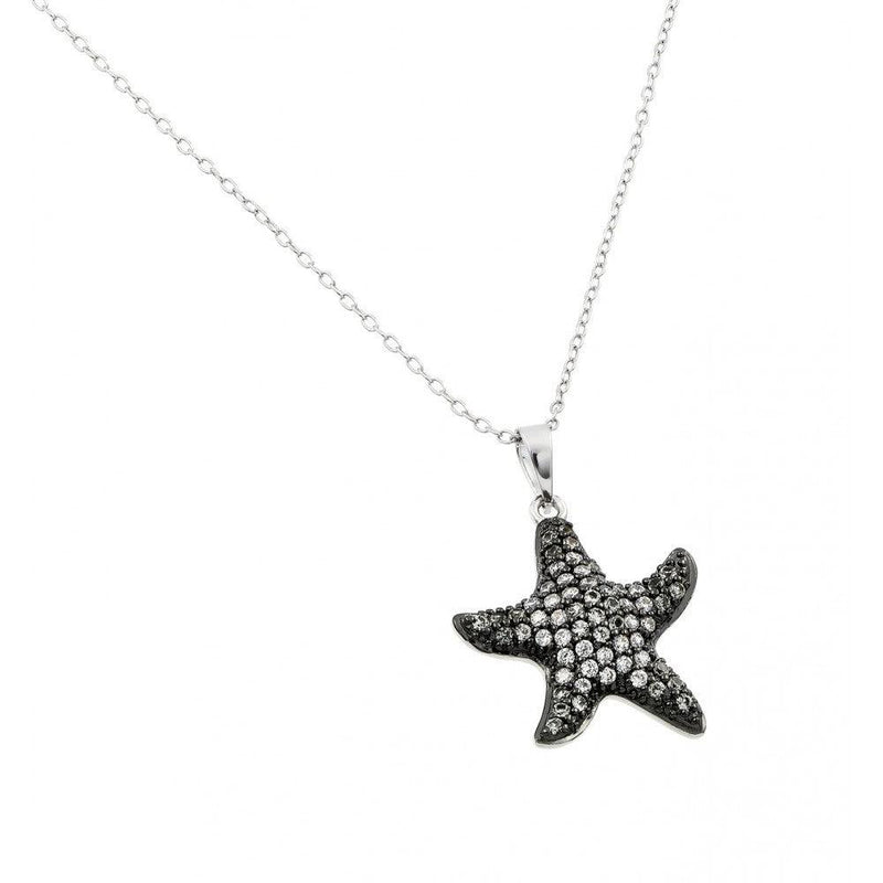 Silver 925 Black Rhodium Plated Clear CZ Star Fish Pendant Necklace - BGP00919 | Silver Palace Inc.