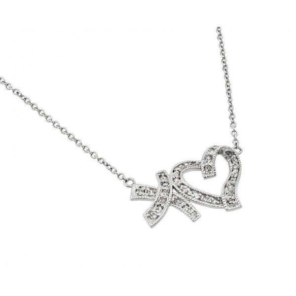 Silver 925 Rhodium Plated Clear CZ XO Heart Pendant Necklace - BGP00928 | Silver Palace Inc.