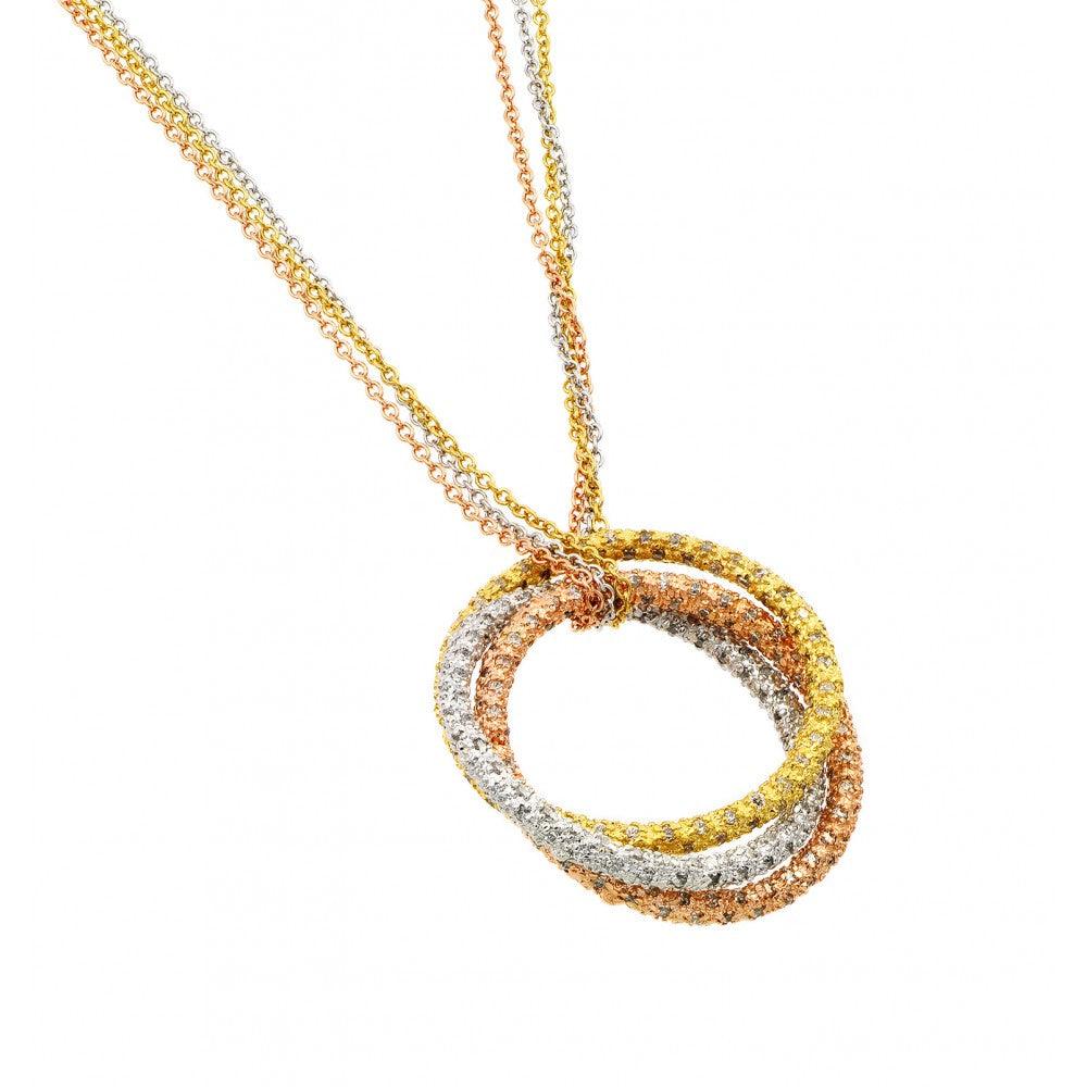 Closeout-Silver 925 Rhodium Black Rhodium and Gold Plated 3 Interlaced Rings Clear CZ Necklace - BGP00933 | Silver Palace Inc.