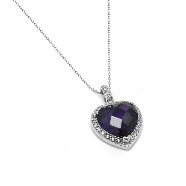 Silver 925 Rhodium Plated Clear and Purple CZ Heart Pendant Necklace - BGP00936PUR | Silver Palace Inc.