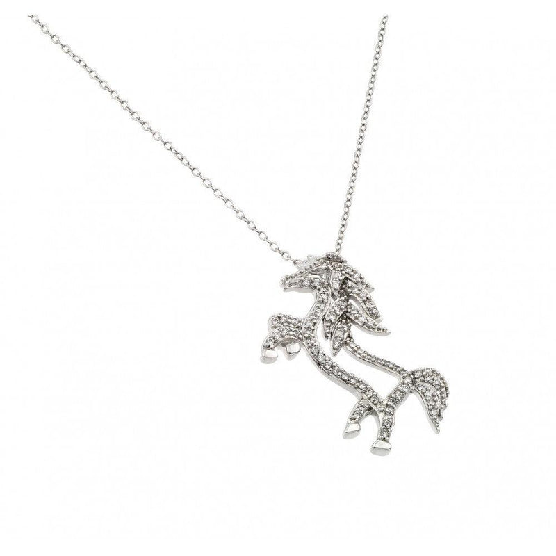 Silver 925 Rhodium Plated Clear CZ Standing Horse Pendant Necklace - BGP00938 | Silver Palace Inc.