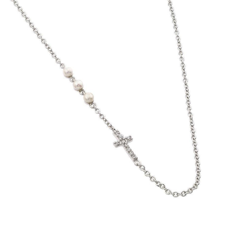 Silver 925 Rhodium Plated Clear CZ 3 Pearl 1 Cross Pendant Necklace - BGP00949 | Silver Palace Inc.