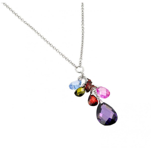 Silver 925 Rhodium Plated Clear CZ Multi-Color Pear Shapes Pendant Necklace - BGP00950 | Silver Palace Inc.