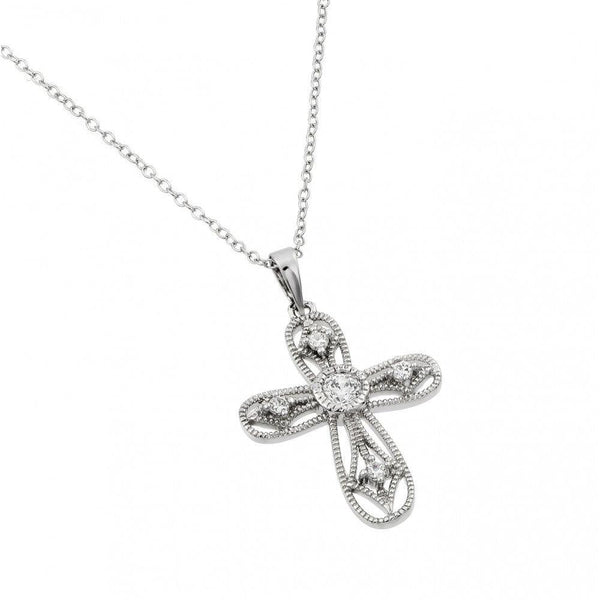 Silver 925 Rhodium Plated Clear CZ Round Cross Pendant Necklace - BGP00965 | Silver Palace Inc.
