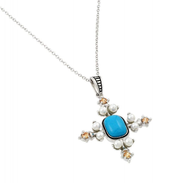 Silver 925 Rhodium Plated Blue Stone Square Cross Pearl Pendant Necklace - BGP00966 | Silver Palace Inc.