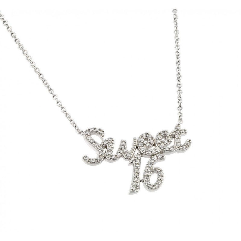Silver 925 Rhodium Plated Clear CZ Sweet 16 Pendant Necklace - BGP00968 | Silver Palace Inc.