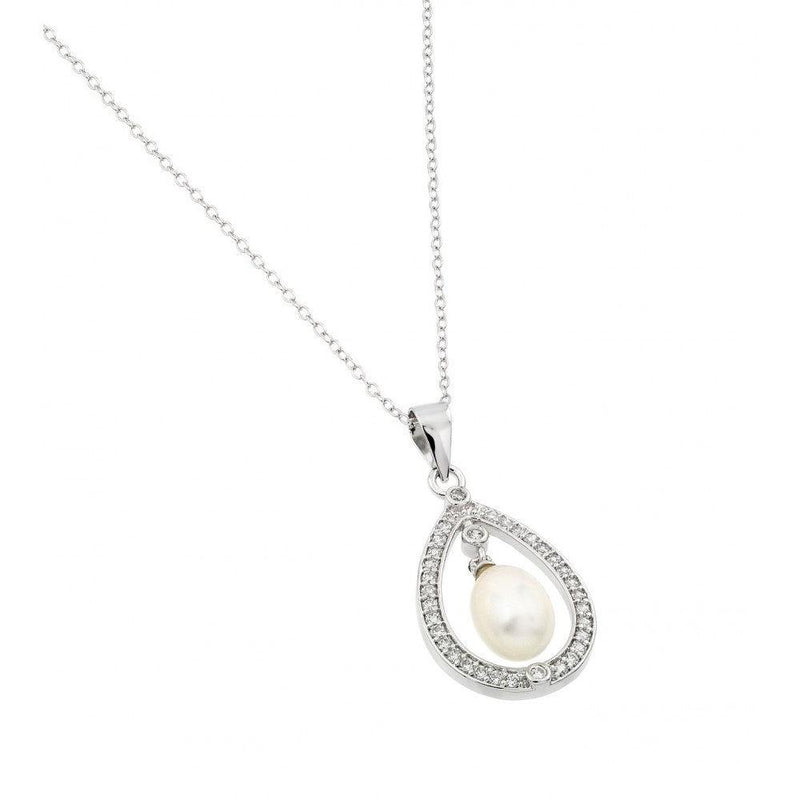 Silver 925 Rhodium Plated Fresh Water Pearl Surrounded by Clear CZ Pendant Necklace - BGP00974 | Silver Palace Inc.