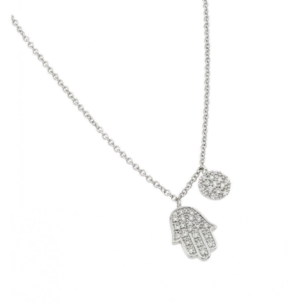 Silver 925 Rhodium Plated Clear CZ Religious Hand Pendant Necklace - BGP00977 | Silver Palace Inc.