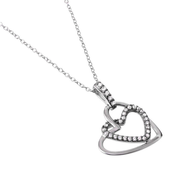 Silver 925 Rhodium Plated Clear CZ Dual Open Hearts Pendant Necklace - BGP01030 | Silver Palace Inc.