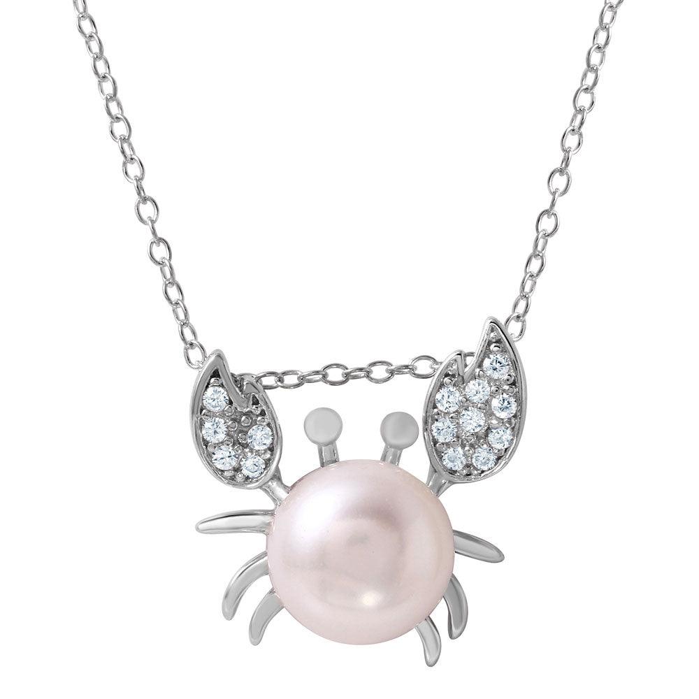 Silver 925 Rhodium Plated CZ Crab Shaped Pendant with Fresh Water Pearl - BGP01033 | Silver Palace Inc.