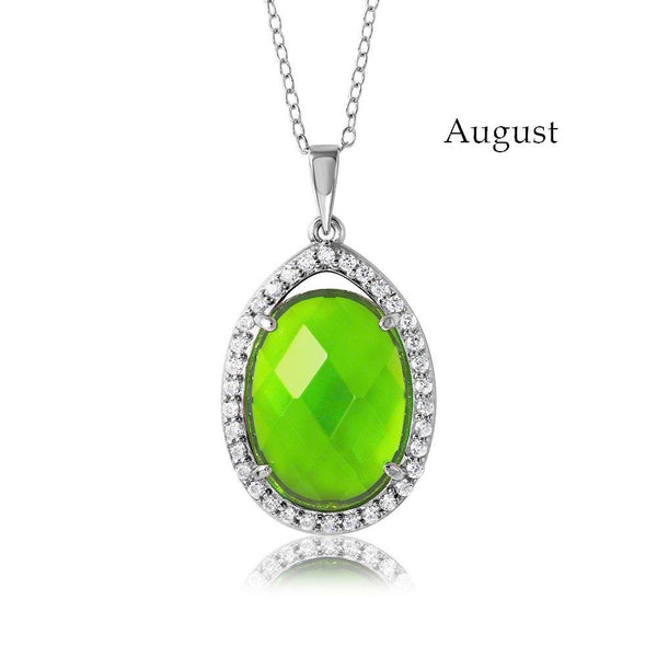 Rhodium Plated 925 Sterling Silver Oval CZ August Birthstone Necklace - BGP01034AUG | Silver Palace Inc.