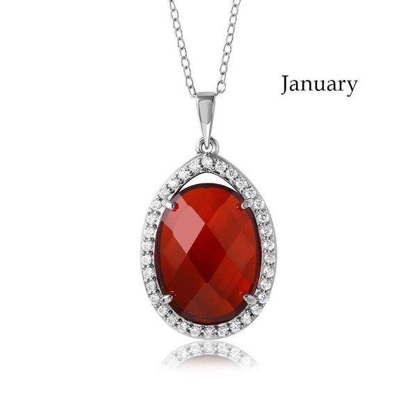 Rhodium Plated 925 Sterling Silver Oval CZ January Birthstone Necklace - BGP01034JAN | Silver Palace Inc.