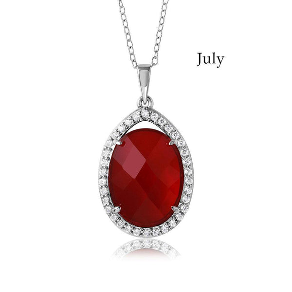 Rhodium Plated 925 Sterling Silver Oval CZ July Birthstone Necklace - BGP01034JUL | Silver Palace Inc.