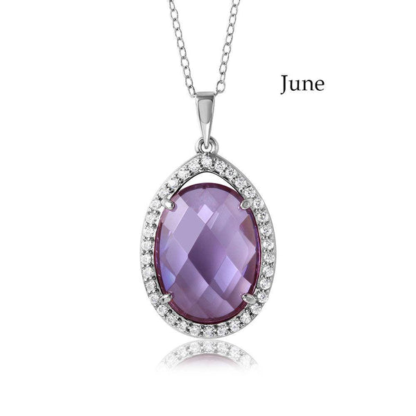 Rhodium Plated 925 Sterling Silver Oval CZ June Birthstone Necklace - BGP01034JUN | Silver Palace Inc.