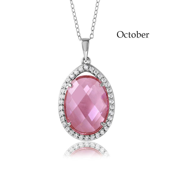 Rhodium Plated 925 Sterling Silver Oval CZ October Birthstone Necklace - BGP01034OCT | Silver Palace Inc.