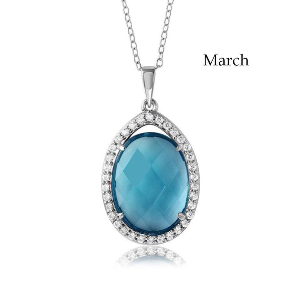Rhodium Plated 925 Sterling Silver Oval CZ March Birthstone Necklace - BGP01034MAR | Silver Palace Inc.
