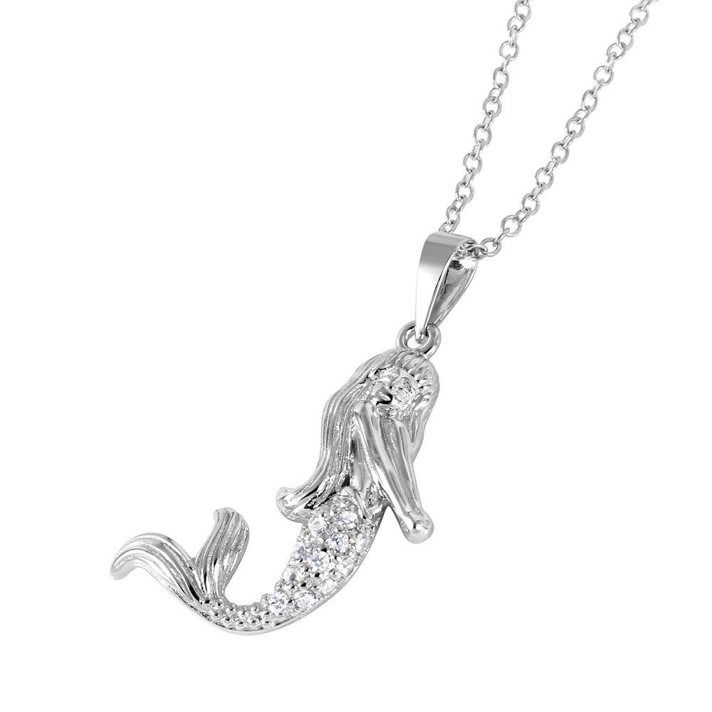 Silver 925 Rhodium Plated CZ Mermaid Charm Necklace - BGP01037 | Silver Palace Inc.