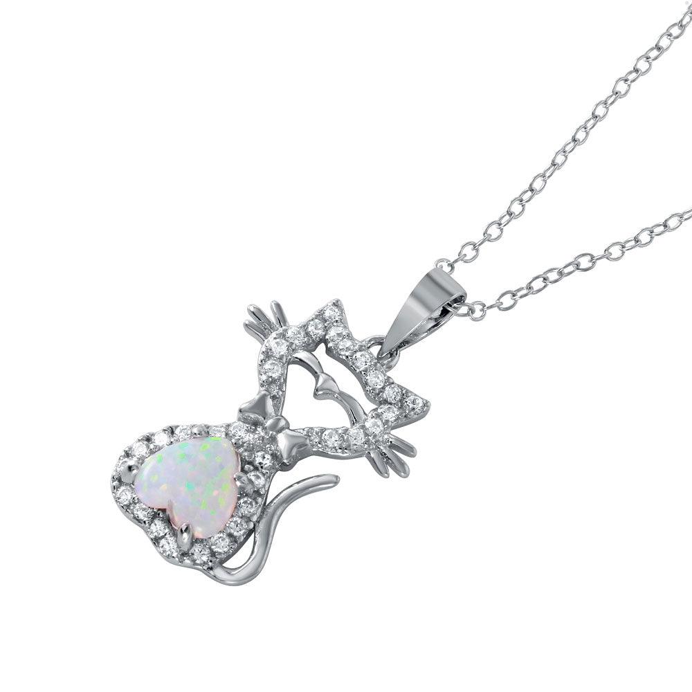 Silver 925 Rhodium Plated Heart Opal Kitty Pendant Necklace - BGP01042 | Silver Palace Inc.