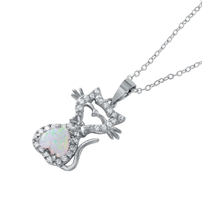 Silver 925 Rhodium Plated Heart Opal Kitty Pendant Necklace - BGP01042 | Silver Palace Inc.