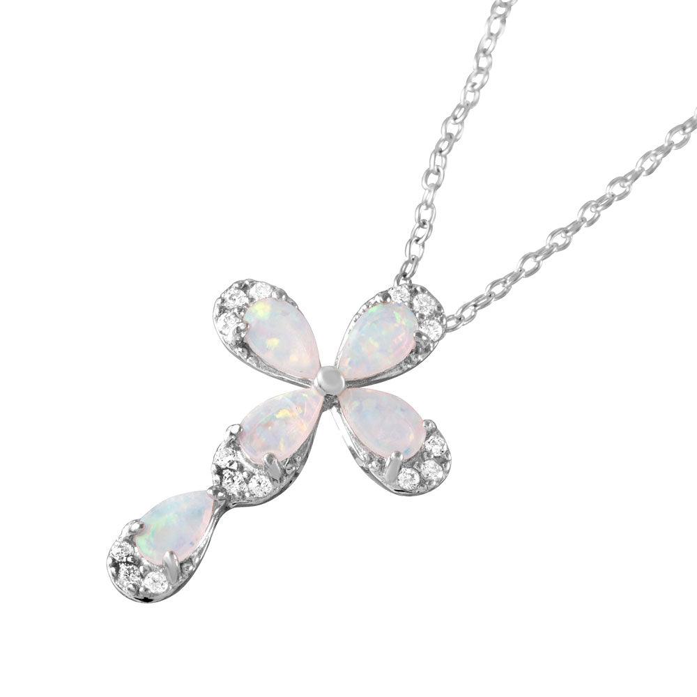 Silver 925 Rhodium Plated Pear Opal Clear CZ Cross Pendant Necklace - BGP01052 | Silver Palace Inc.