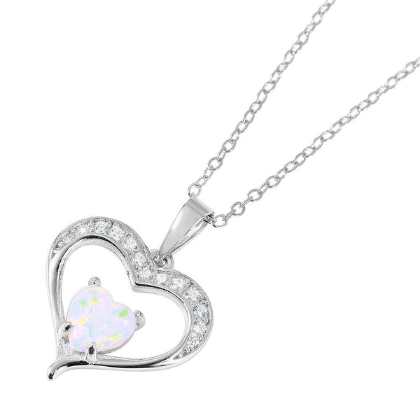 Silver 925 Nickel Free Rhodium Plated Open Heart with CZ and Synthetic Opal Necklace - BGP01053 | Silver Palace Inc.