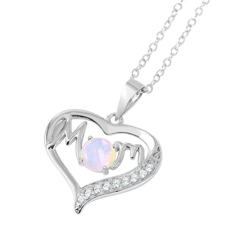 Silver 925 Rhodium Plated Open Heart Mom Opal and CZ Necklace - BGP01054 | Silver Palace Inc.