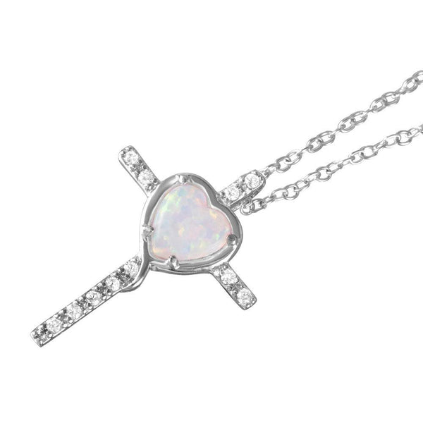 Silver 925 Rhodium Plated Heart Opal Clear CZ Cross Pendant Necklace - BGP01055 | Silver Palace Inc.
