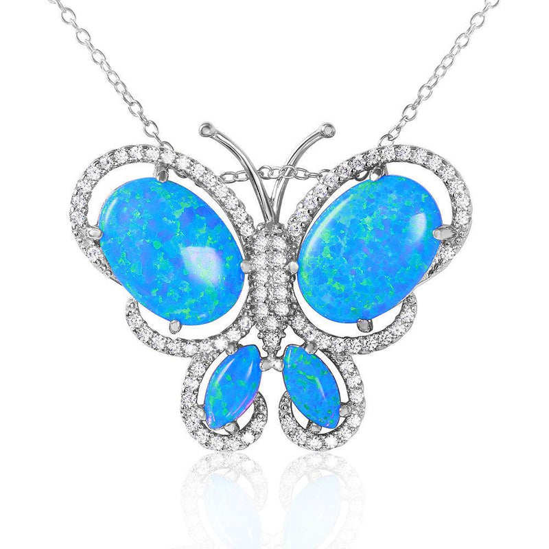 Silver 925 Rhodium Plated Butterfly with CZ and Synthetic Blue Opal Necklace - BGP01067 | Silver Palace Inc.
