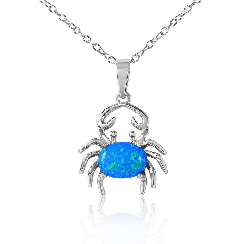 Silver 925 Rhodium Plated Crab with Synthetic Blue Opal Necklace - BGP01069BLU | Silver Palace Inc.