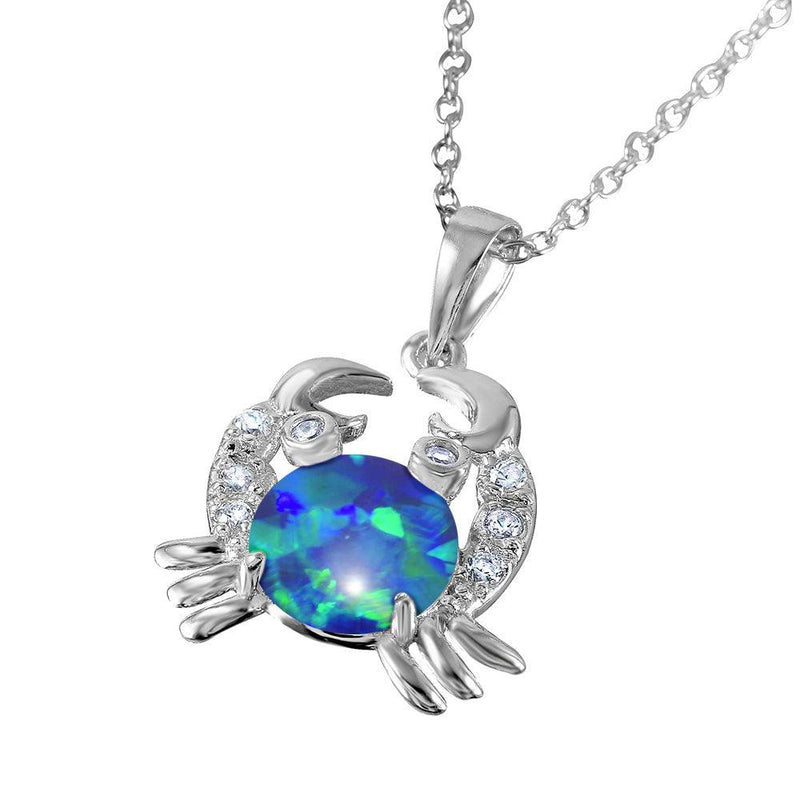 Silver 925 Rhodium Plated Crab with CZ and Synthetic Opal Center Stone - BGP01070BLU