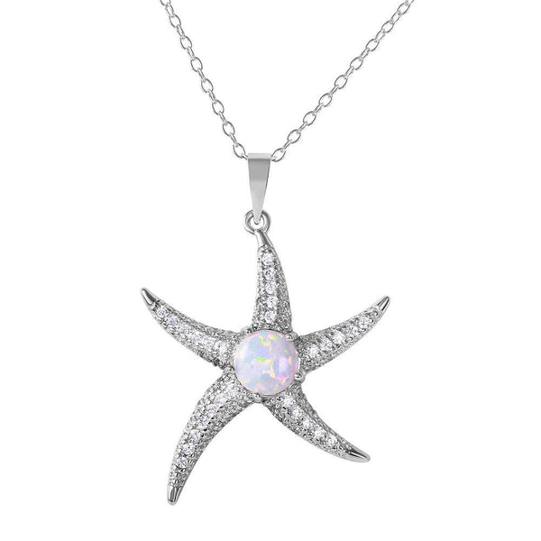 Silver 925 Rhodium Plated CZ Starfish with White Center Stone Necklace - BGP01072WHT | Silver Palace Inc.