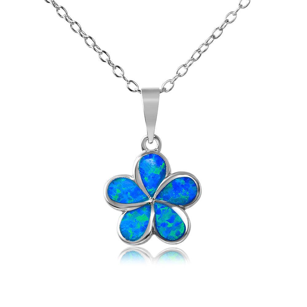 Silver 925 Rhodium Plated Blue Opal Stone Hibiscus Flower Necklace - BGP01075 | Silver Palace Inc.