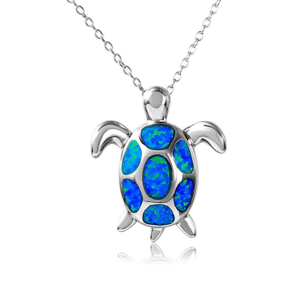 Silver 925 Rhodium Plated Turtle Necklace with Synthetic Blue Opal - BGP01076 | Silver Palace Inc.