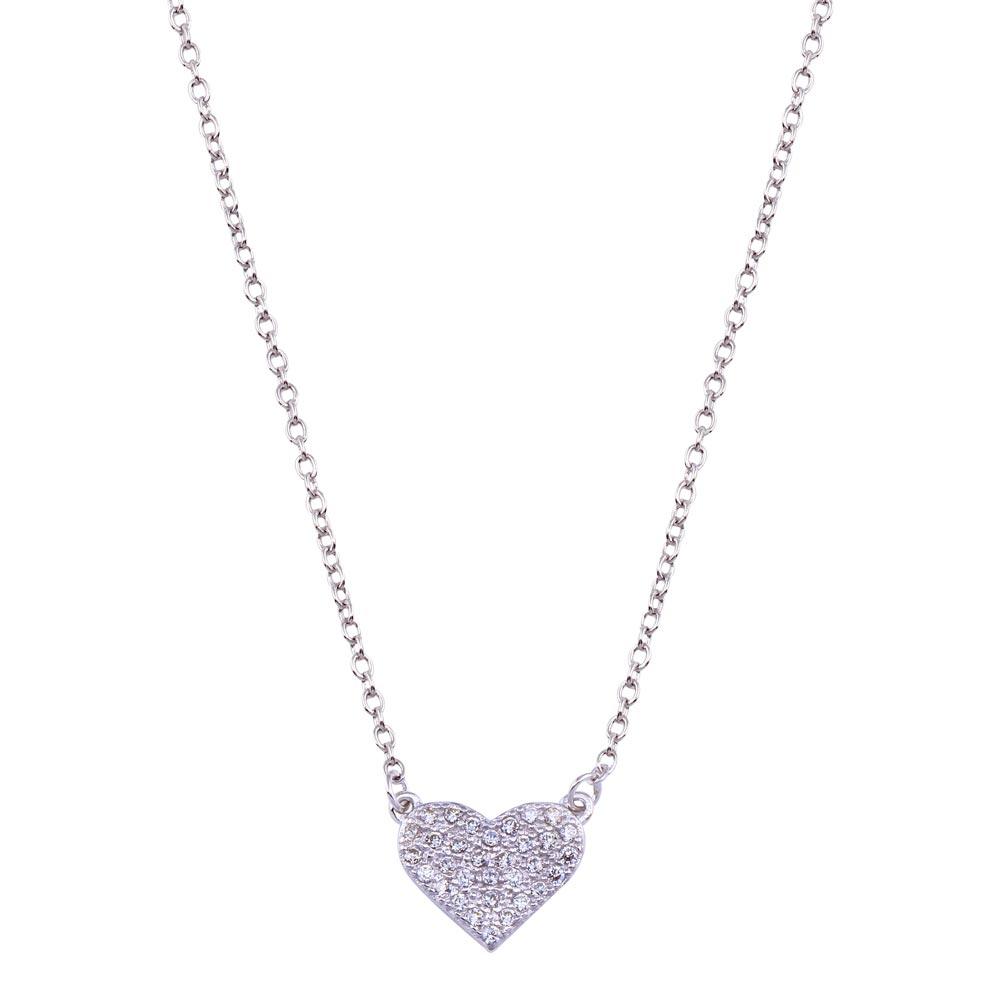Rhodium Plated 925 Sterling Silver CZ Encrusted Heart Necklace - BGP01090 | Silver Palace Inc.