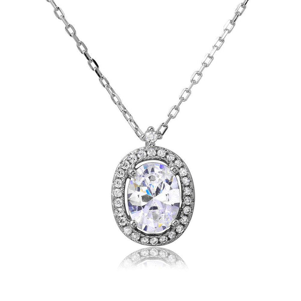 Silver 925 Rhodium Plated Oval Halo CZ Necklace - BGP01092 | Silver Palace Inc.