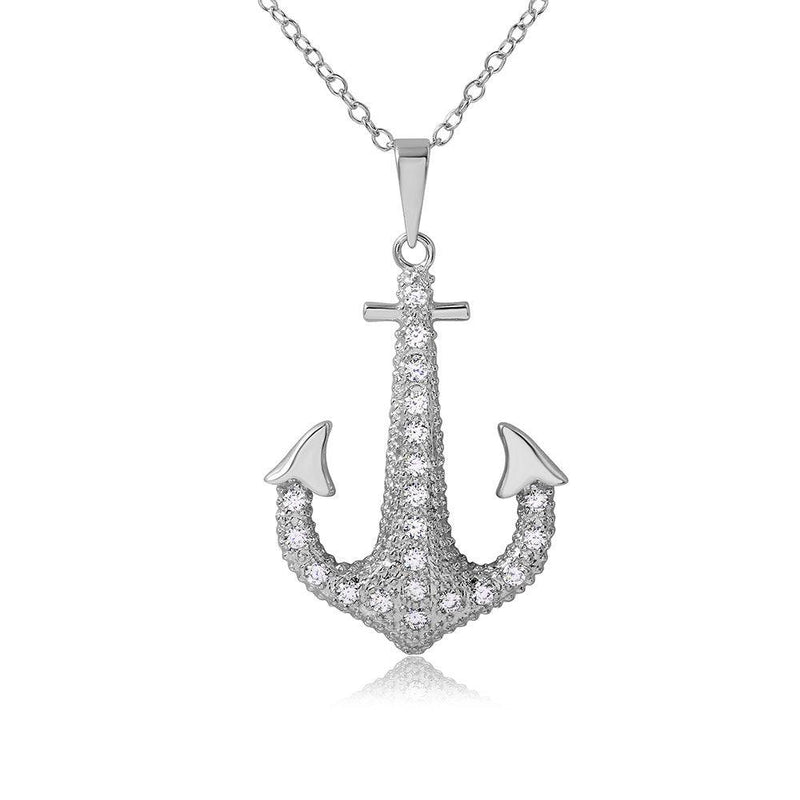 Silver 925 Rhodium Plated CZ Anchor Necklace - BGP01094 | Silver Palace Inc.
