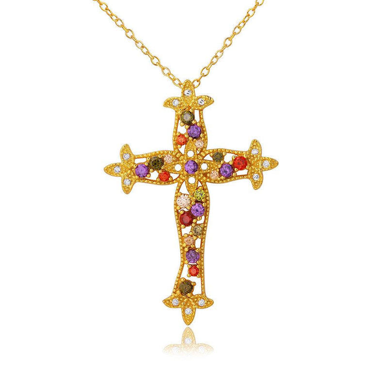 Silver 925 Gold Plated Multi Color CZ Cross Necklace - BGP01097 | Silver Palace Inc.