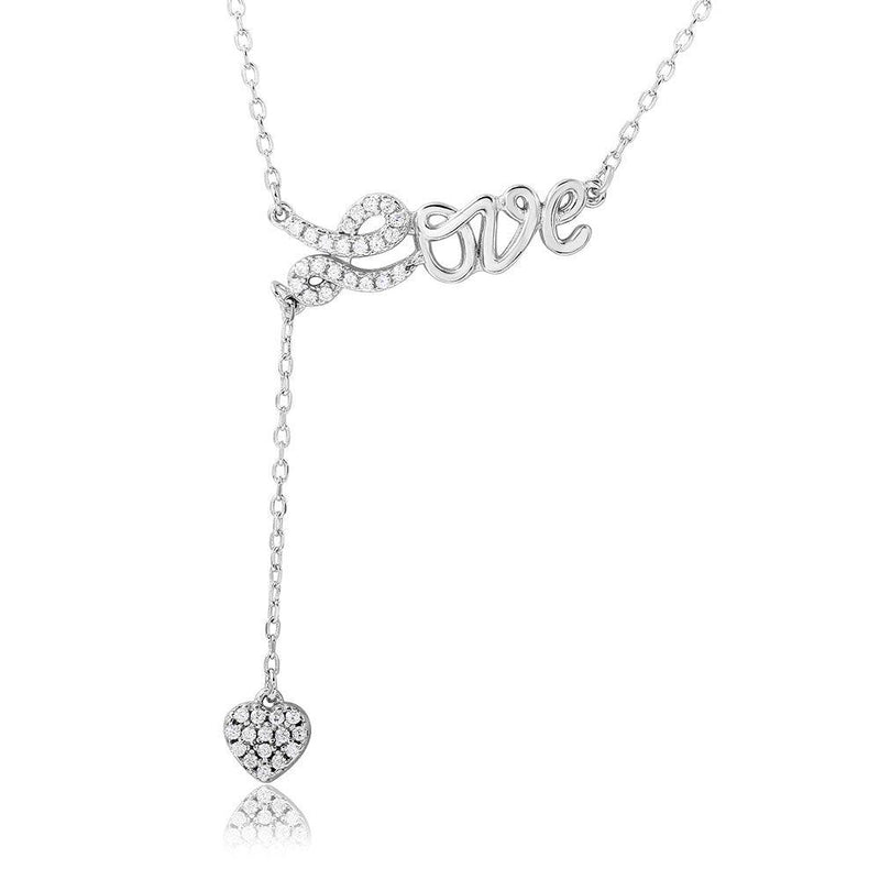 Silver 925 Rhodium Plated CZ Love with Hanging Heart Necklace - BGP01107 | Silver Palace Inc.
