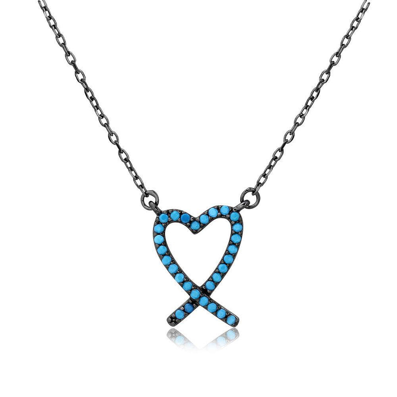 Silver 925 Black Rhodium Open Heart Necklace with Turquoise Stones - BGP01111 | Silver Palace Inc.