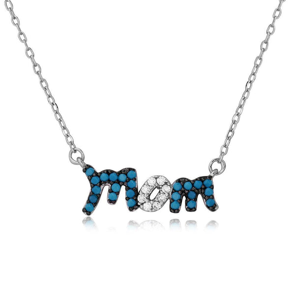 Silver 925 Rhodium Plated Turquoise and CZ Stones Mom Necklace - BGP01112 | Silver Palace Inc.