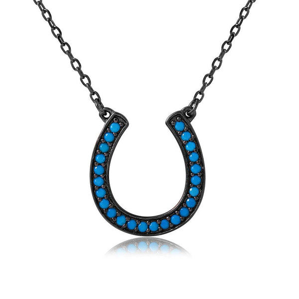 Silver 925 Black Rhodium Plated Turquoise Stone Horse Shoe Necklace - BGP01113 | Silver Palace Inc.
