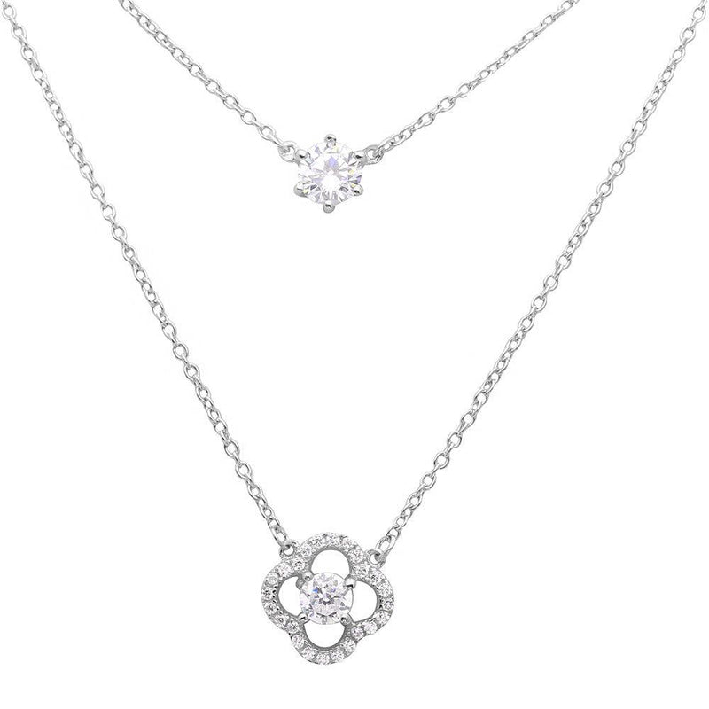 Sterling Silver Rhodium Plated CZ And Open Flower Necklace - BGP01118 | Silver Palace Inc.