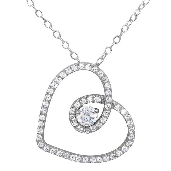 Silver 925 Rhodium Plated CZ Open Script Heart Necklace - BGP01122 | Silver Palace Inc.
