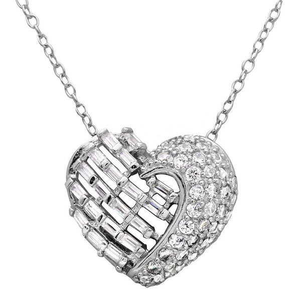 Silver 925 Rhodium Plated 2 Sided Baguette CZ Stones Heart Necklace - BGP01123 | Silver Palace Inc.