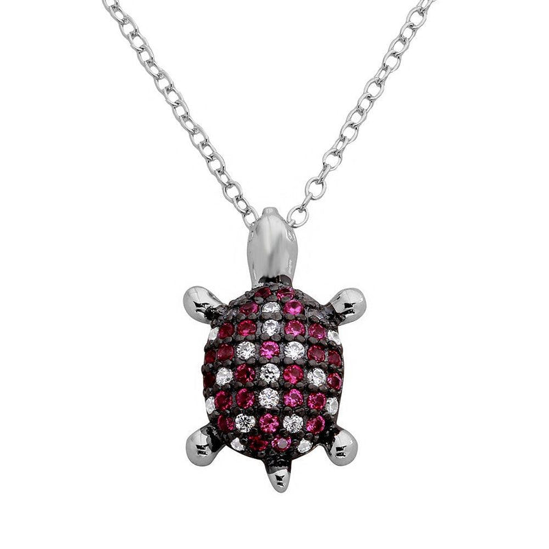 Silver 925 Rhodium Plated Pink and Clear CZ Turtle Necklace - BGP01126 | Silver Palace Inc.